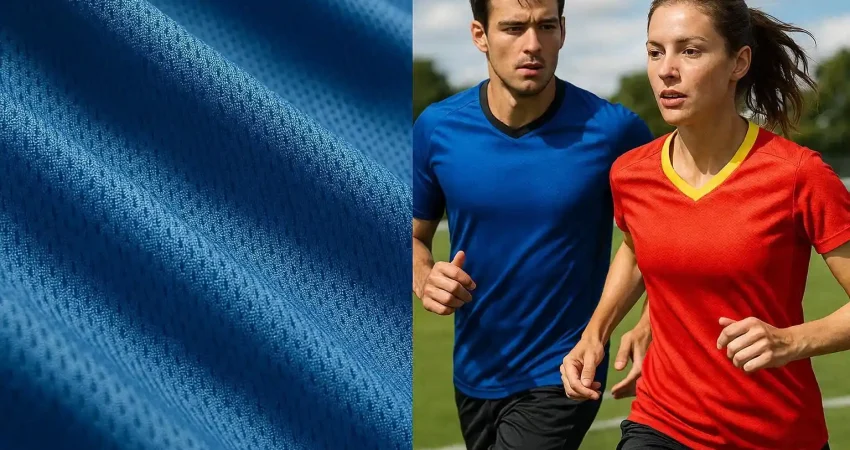 Tekstur bahan sportswear dryfit dan polyester, ringan, elastis, dan nyaman dipakai atlet saat berolahraga