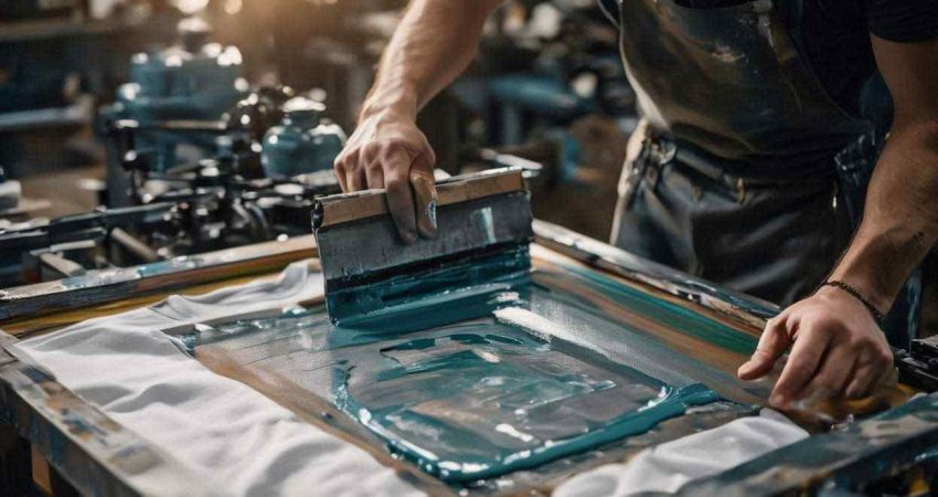 Proses sablon kaos profesional agar sablon tidak pecah, menampilkan screen, emulsi, rakel, dan tinta yang rapi.