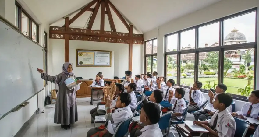 Pilihan SD Islam akreditasi A di Jogja dengan siswa belajar di kelas modern dan sertifikat akreditasi terpampang