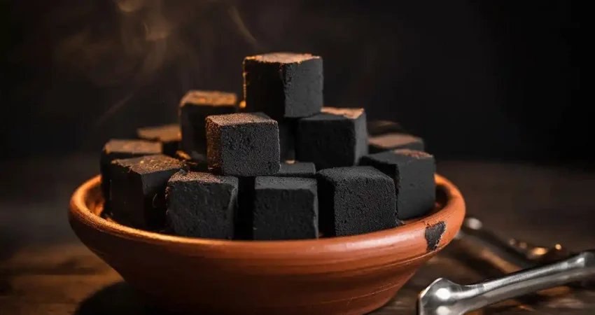 Premium shisha charcoal cubes glowing on a hookah bowl with metal tongs beside it