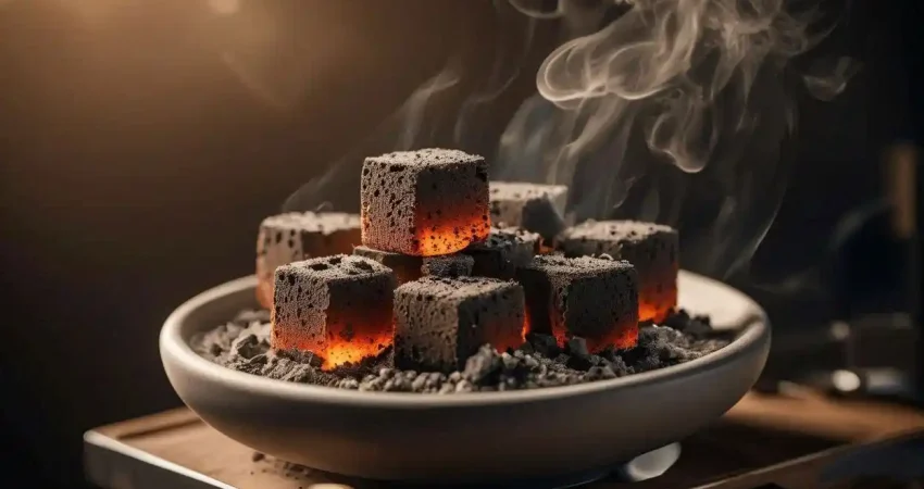 eco coconut charcoal hookah fuel made from coconut shells burning cleanly with low ash on hookah bowl