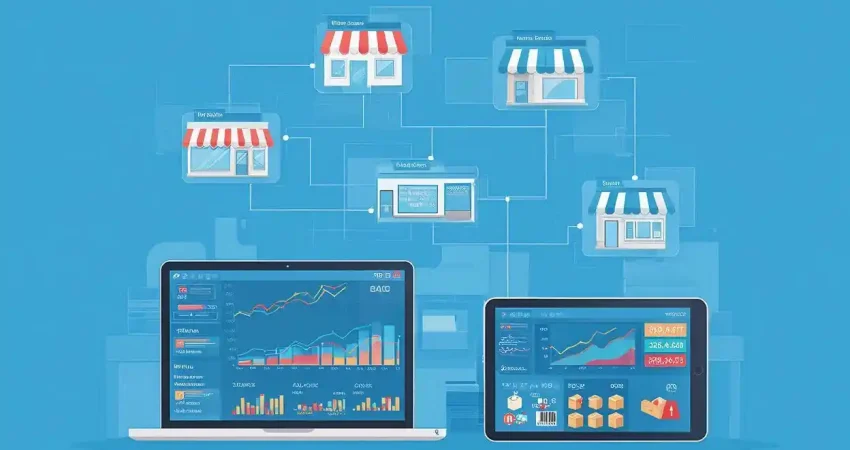 Ilustrasi dashboard platform kasir multi cabang untuk mengelola banyak toko dalam satu sistem terpusat