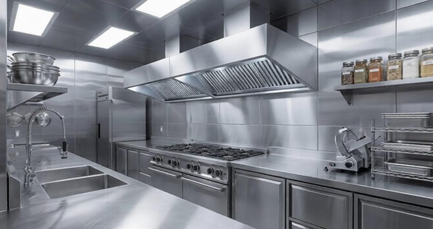 cooker hood dengan cerobong terpasang di atas kompor dapur modern yang bersih