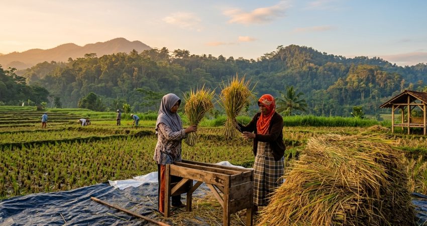 cara menampung gabah saat perontokan